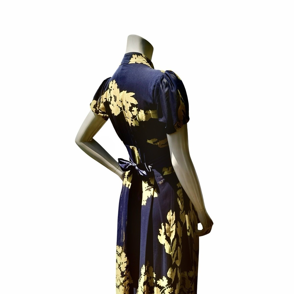 Marchesa Notte Maxi Dress 4 Navy Blue Yellow Flutter Bohemian Luxe Wedding Guest - Picture 11 of 16